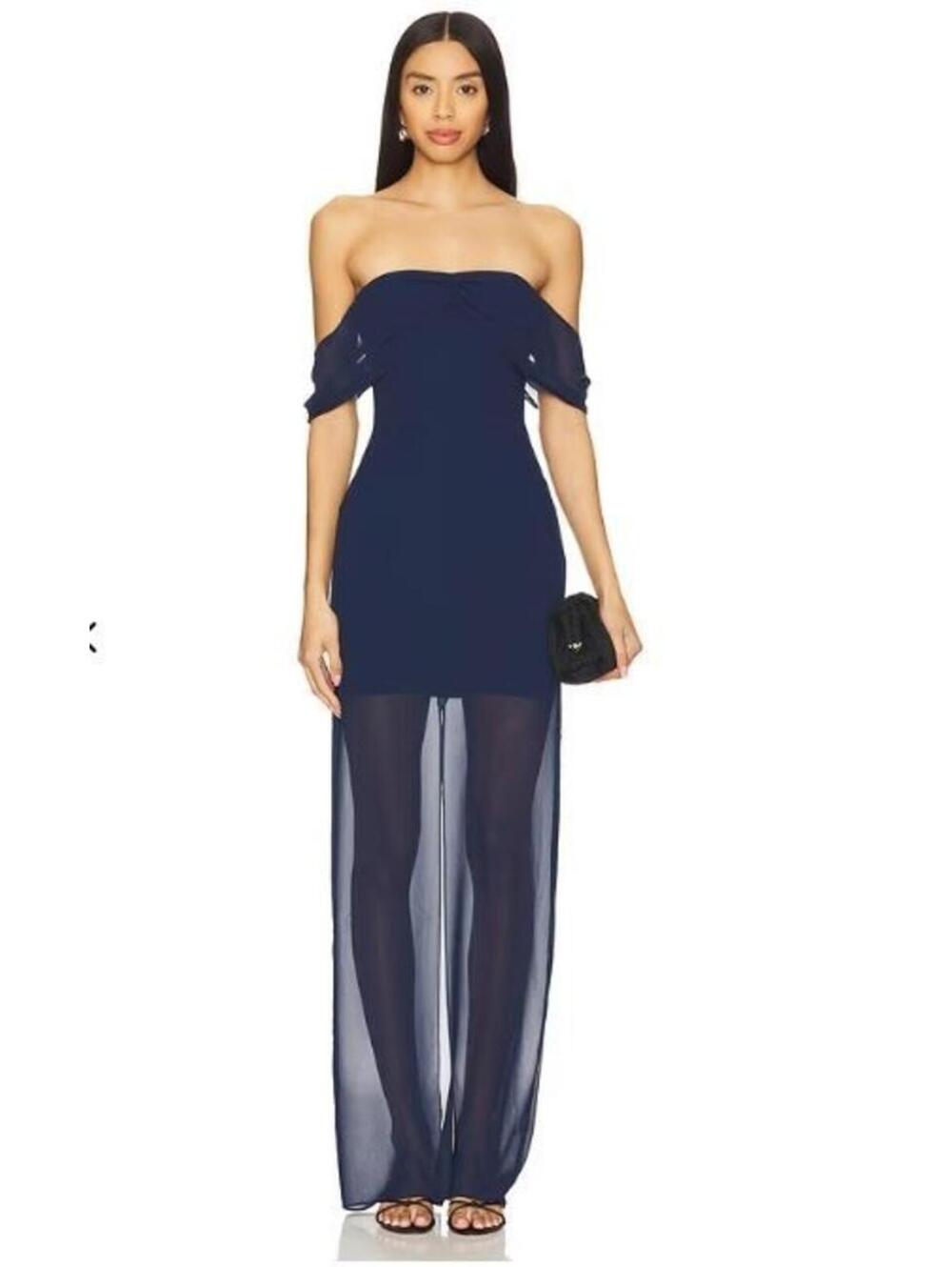 NWT Amanda Uprichard Darien Navy Chiffon Off‑Shoulder Maxi Dress S